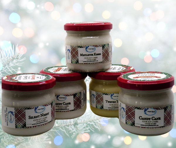 Hand Crafted All Natural Soy Candles Christmas Collection featuring festive scents for a cozy holiday ambiance.